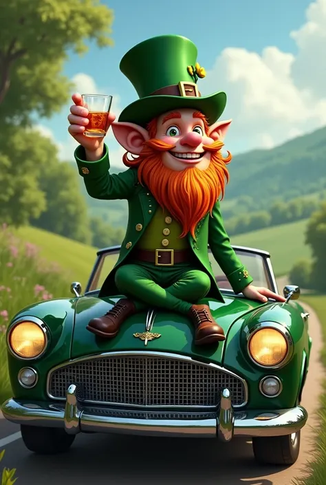 Green leprechaun drinking whiskey on the hood of his car