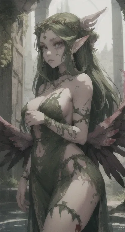 Masterpiece, best quality, Legend of Zelda, great fairy, wrapped in ivy, tattoos, Large beautiful wings, greeting viewer, ancient Fairy fountain, blood everywhere,