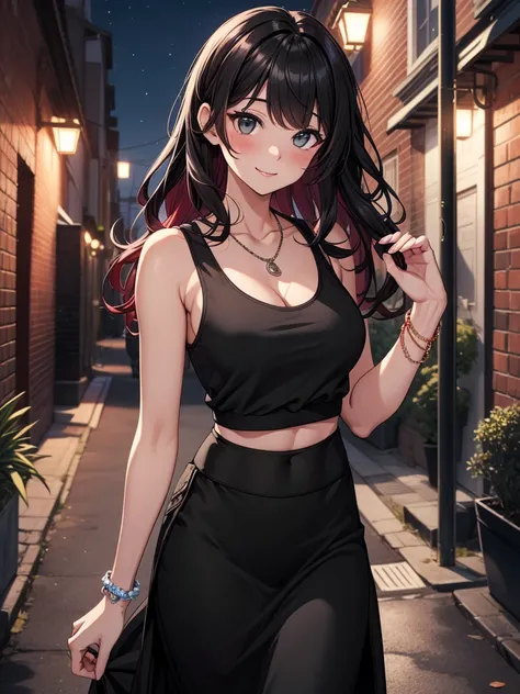 ((masterpiece, best quality:1.3, high detail)), beautiful woman, smile, looking at viewer, long wavy hair, (maroon hair), full-face blush, (white tank top), cleavage, ((((((long black skirt)))))), (black pencil skirt), long skirt:1.8, necklace, bracelets, ...