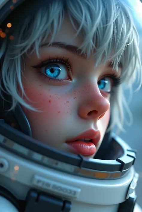  -themed images Close-up of an improved masterpiece:1.5)0.9], (Space and astronauts:1.2) ( Messy silver hair:1.1) (heterochromia:  xanthochromia and blue eyes :1.2) (Space helmet:1.0) ( Colored stars in the eyes:1.0) (A radiant glow:1.1) ( Thick lips:0.9)