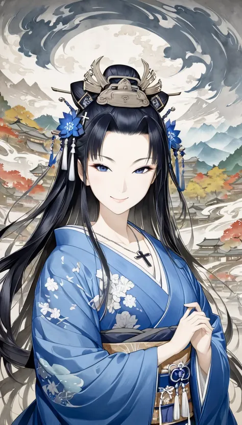 (((Hosokawa Gracia, Warring States period, beautiful Japanese woman princess, black hair, long hair, princess cut, blue gorgeous kimono, silver cross necklace, smiling face))), watercolor and oil painting fusion, paper cutting and shadow art fusion, monoch...