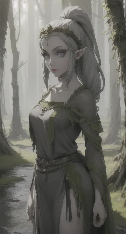 Petrified swamp life, swamp, petrified princess Zelda, stone statue, cracked skin, grey skin, grey hair, grey eyes, grey clothes, covered in moss,