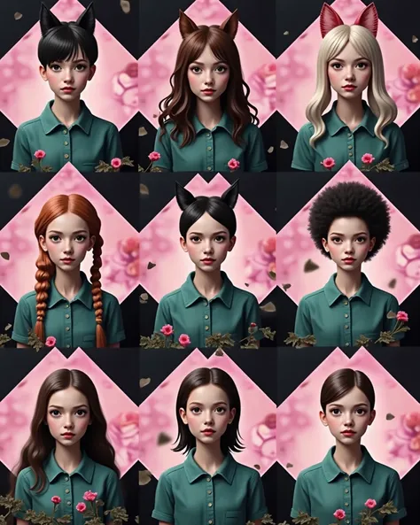 Transform the faces of the nine people into different animals. 