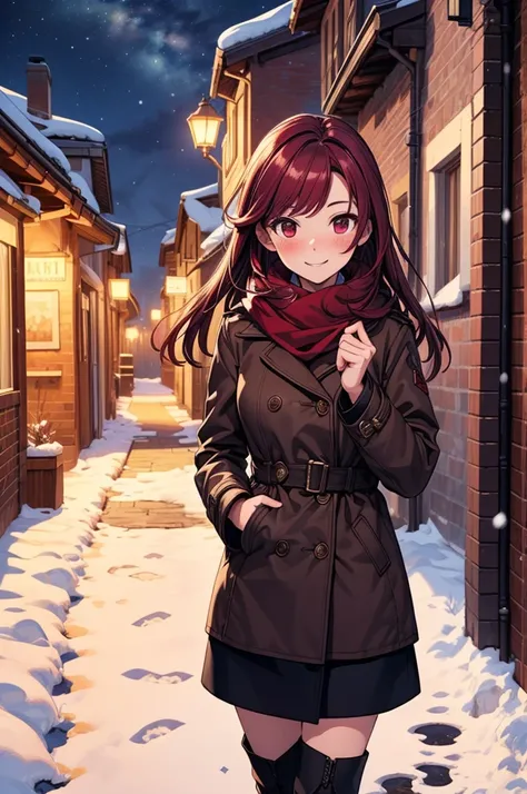 ((masterpiece, best quality:1.3, high detail)), beautiful woman, smile, looking at viewer, long hair, (maroon hair), full-face blush, (brown coat, red scarf, long black skirt), boots, outdoors, (night sky, snow), (lower body), (realistic), (realism), (ultr...