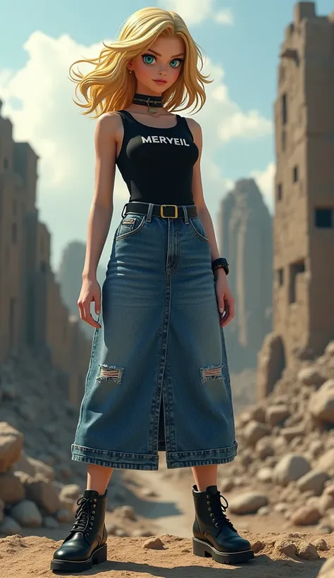 Crée un androïde inspiré de C-18 dans lunivers de Dragon Ball Z, mettant en avant la marque MERVEIL. Sa tenue est une vitrine du style moderne et audacieux de la marque : un débardeur noir arborant fièrement le logo MERVEIL, associé à une chemise en jean s...