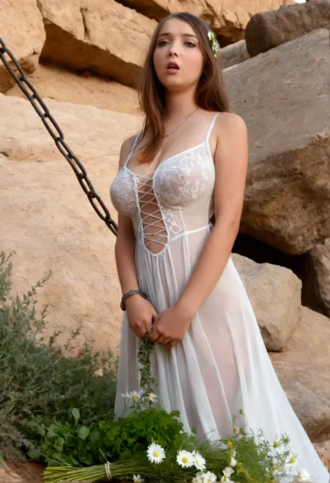 A cute woman (age 20, sheer dress no under wear, scared, fresh flowers and herbs), damsel in distress, chained to a barren cliffside, looking for an escape as a hungry monster approaches
