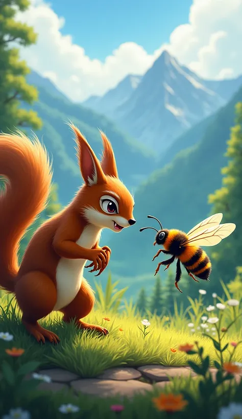 I want to create picture iPad animal from these to animals danger squirrel and danger bee create this picture with background of the green mountain