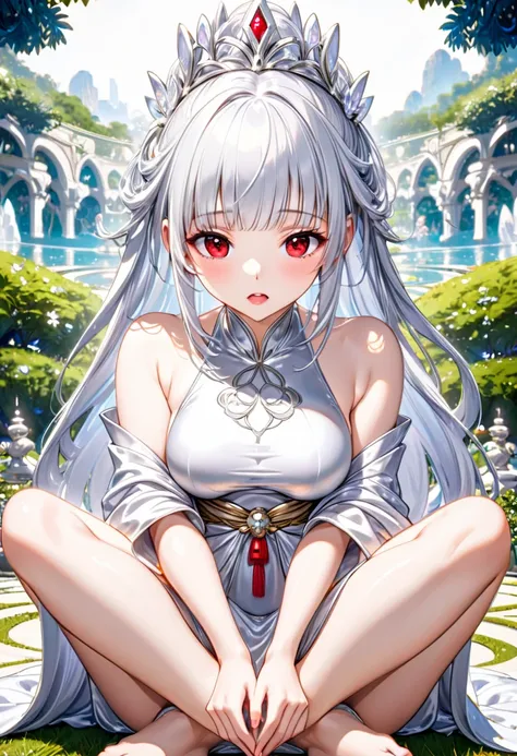 (beautiful and delicate) (Spectacular views illustration), (in a vivid silver color Elegant Goddess Robe), (meditation style), (pov, focus face), solo, (beautiful skin, immensely beautiful face), (glossy lip), (blunt bangs hime cut hair, vivid silver hair,...