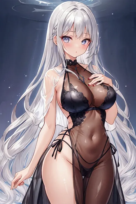  girl, Silver Hair, see-through dress、See-through body lines, sexy