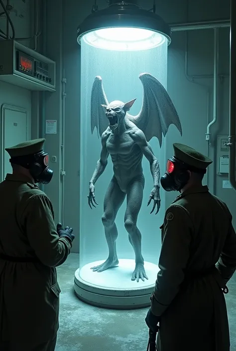 📹 Prompt:  
"Inside a laboratory resembling a mix of a morgue and an aircraft hangar, a large cryogenic tube contains a winged humanoid with leathery bat-like wings and clawed hands. Frost covers the glass, and the creature’s sharp teeth are barely visible...