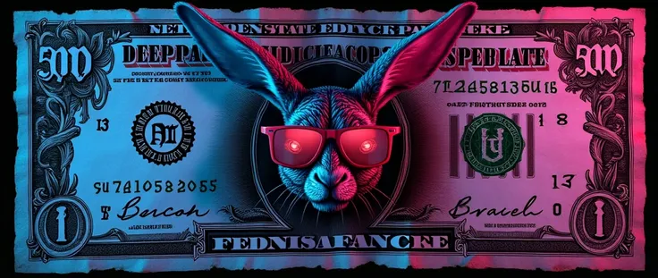 Billet de banque extrêmement flippant avec écrit "500 Deep State Fiducie Bank Corp" avec tête lièvre et tête de dragon aux lunettes rouges qui contrôle la Mapp monde style filigrane fluorescent sataniste phosphorescent néon ultra réaliste en 2 couleurs
