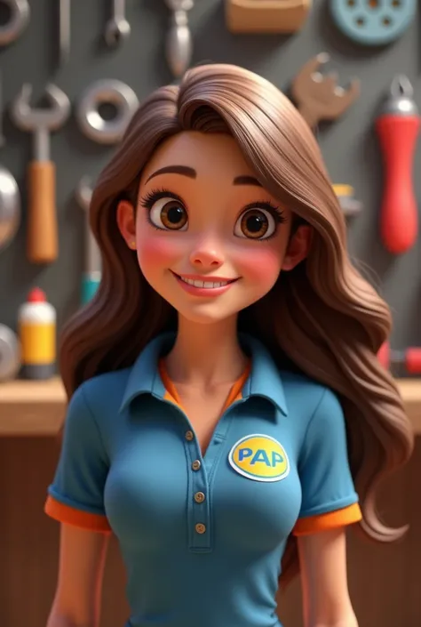  Create a Pixar-style 3D character capturing a scene from a tool store with many tools in the scene.   In it we have our character  , a woman,   Clara with brown hair  ,   wearing a blue pen blouse with an orange polo collar with the brand   "pap"  on the ...