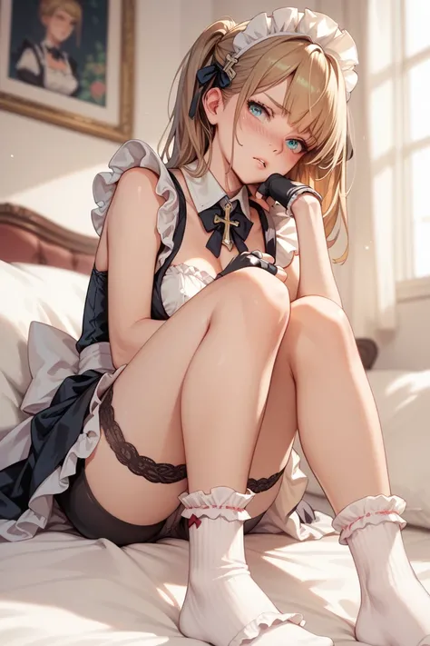 1 girl, Maid, sitting, ruffled socks , underneath, Solas, embarrassed,  bike shorts ,  pursed lips,  fingerless underwear ,  cross underwear ,  masterpiece ,  best quality,  uncensored 