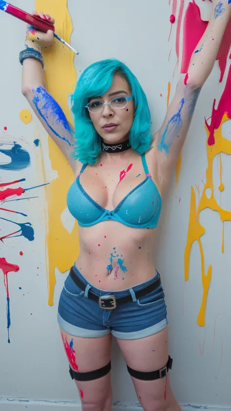 masterpiece, top-quality, perky breasts, solo, bra very, Denim shorts, a choker, (doodle:1.5), Paint Splatter, arms behind back, Hitting a wall, Look at viewers, Armbands, Thigh strap, Paint on the body, tilt of the head, tedium, O cabelo multicolorido, Aq...