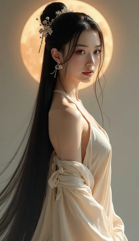 Make a realistic image of a beautiful smooth-haired young Chinese woman (dressed as a moon ), thin and beautiful,  long, straight hair .