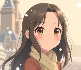 Outside the castle, snow is falling ,brown girl, Brown Eyes ,long sleeve coat, Proximity Method, smiles, anime style