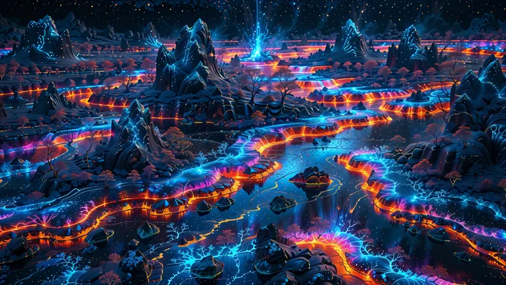 A Masterpiece In 32K Resolution, Supreme Quality, Super Detail, Official Art, Very High-Resolution 32K Wallpaper, Beautiful And Aesthetic, Ultra-Detailed Features, Awe-Inspiring Detail. A Futuristic Volcanic Scene Where Rivers Of Glowing, Neon Lava Wind Th...