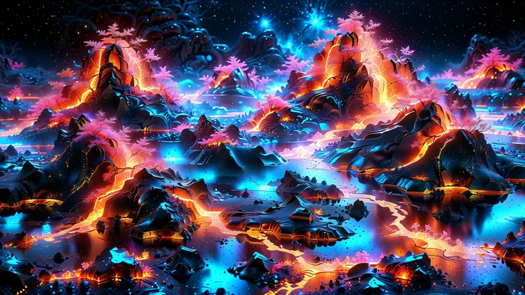 A Masterpiece In 32K Resolution, Supreme Quality, Super Detail, Official Art, Very High-Resolution 32K Wallpaper, Beautiful And Aesthetic, Ultra-Detailed Features, Awe-Inspiring Detail. A Futuristic Volcanic Scene Where Rivers Of Glowing, Neon Lava Wind Th...