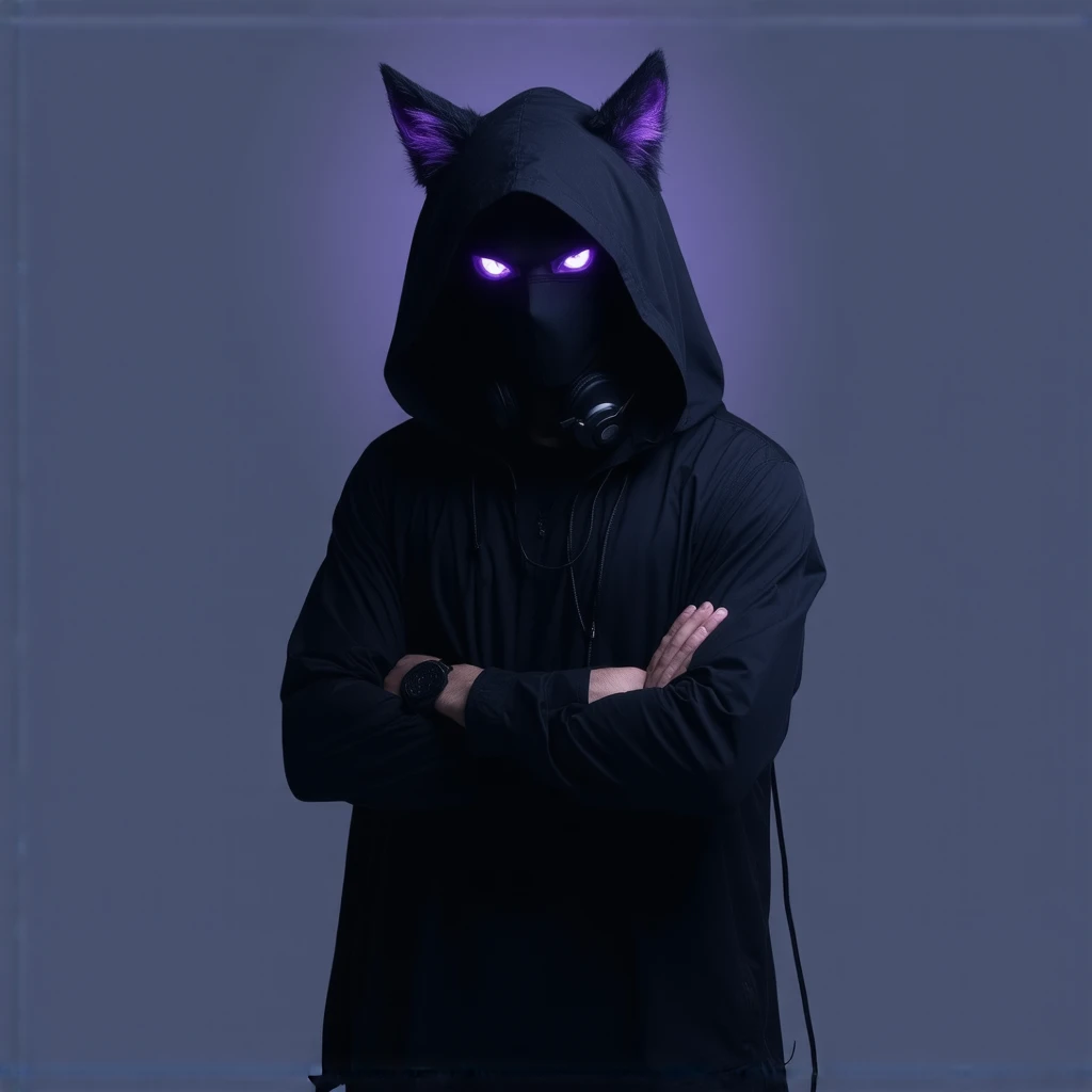 Male character, hooded, purple eyes, black mask, with cat and wolf ears, headset, arms crossed