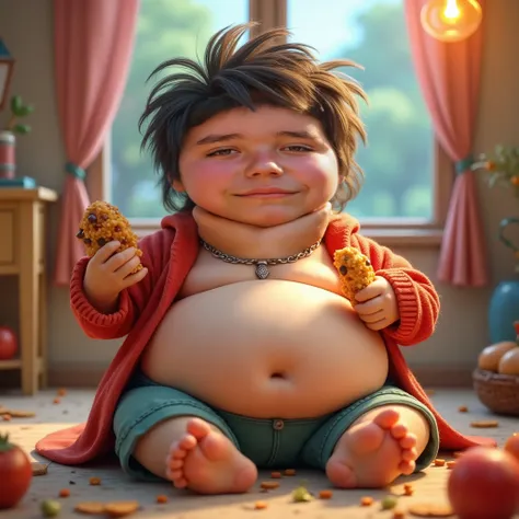 a chubby boy enjoying eating, gaining weight, detailed face, cute expression, plump cheeks, double chin, big belly, rolls of fat, messy hair, colorful clothing, playful and indulgent atmosphere, cinematic lighting, vibrant colors, dreamlike, fantastical, (...