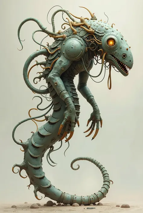 A futuristic, biomechanical creature with intricate, organic-looking structures and mechanisms . The creature has a long, serpentine body with multiple limbs and appendages , and its surface is covered in various shapes and textures that resemble mechanica...