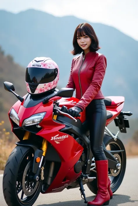 Highest quality, ultra-realistic depiction, mountain background,The model of HONDAs motorcycle is NC750X:1.6, The full face helmet is designed with scattered cherry blossom petals printed on it:1.6,parked Honda motorcycle (Japanese motorcycle manufacturer)...