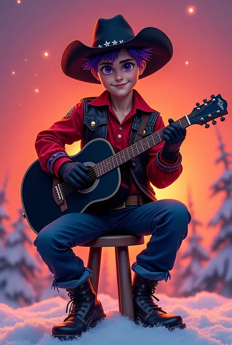 A 17-year old Hispanic cowboy with purple eyes and short spiky purple hair wearing a red and black Western cowboy uniform with a belt, gloves, boots, sunglasses, and a black cowboy hat playing a black acoustic guitar sitting down in a stool in front of a r...