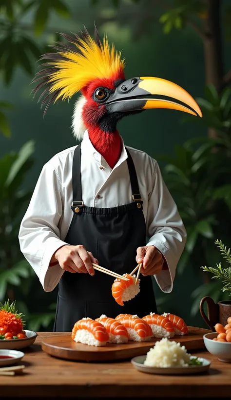 african red billed hornbill, assembling sushi, with chopsticks, chef outfit, photo realism, realistic animal, wildlife photography, 8k, dslr