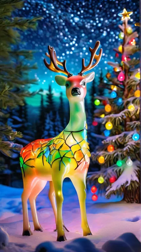 Score 9 Up, Score 8 Up, Score 7 Up, (Best Quality), (8k) Reindeer with colorful neon lights in the forest, full body, photorealistic art jade doll, colorful, Christmas background, starry sky (((masterpiece))), ((Best Quality)), ((exquisite details))