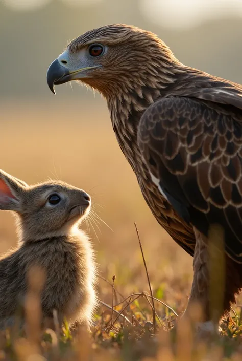 Close-up of the rabbit and the eagle .  The rabbit looks at the eagle with eyes full of gratitude while the eagle watches him with a serene look.
sound:  The soft sound of the wind and the birds singing .