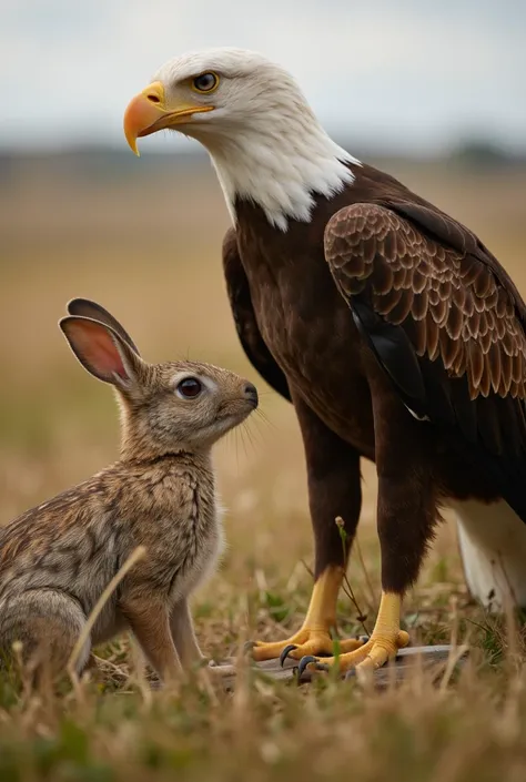 Close-up of the rabbit and the eagle .  The rabbit looks at the eagle with eyes full of gratitude while the eagle watches him with a serene look.
sound:  The soft sound of the wind and the birds singing .