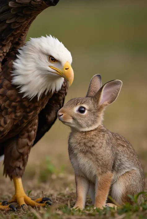 Close-up of the rabbit and the eagle .  The rabbit looks at the eagle with eyes full of gratitude while the eagle watches him with a serene look.
sound:  The soft sound of the wind and the birds singing .