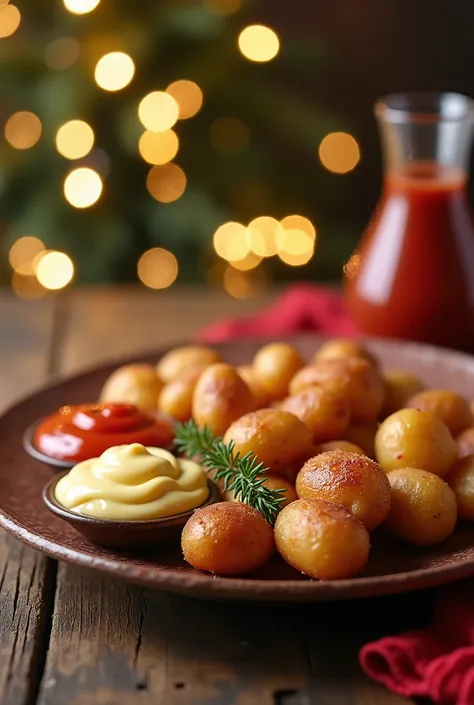  I want a professional style photo ,  of some hot dog potatoes ,  I want it to have Christmas style ,  I want the background with blurred Christmas lights,  when it comes to the sauce Im referring to , The sauces are the following ,  tomato sauce , mayonna...