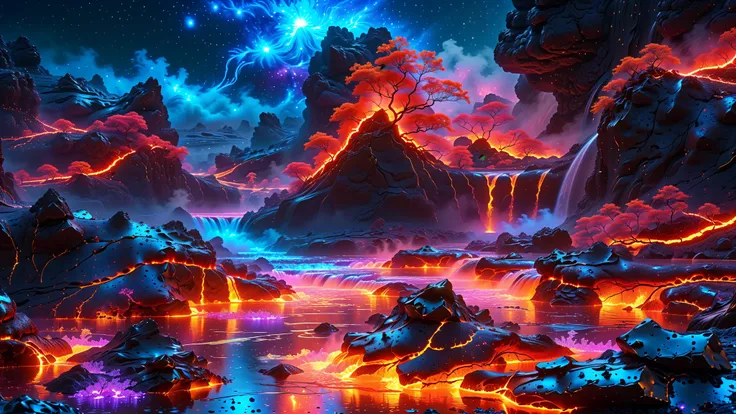 A Masterpiece In 32K Resolution, Supreme Quality, Super Detail, Official Art, Very High-Resolution 32K Wallpaper, Beautiful And Aesthetic, Ultra-Detailed Features, Awe-Inspiring Detail. A Futuristic Volcanic Scene Where Rivers Of Glowing, Neon Lava Wind Th...