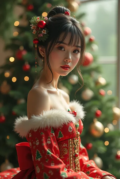 屋内庭園で、 Japanese woman wearing a Christmas style dress in an indoor garden 、 close-up with big breasts and a Christmas tree in the background、 creates harmony between nature and beauty。