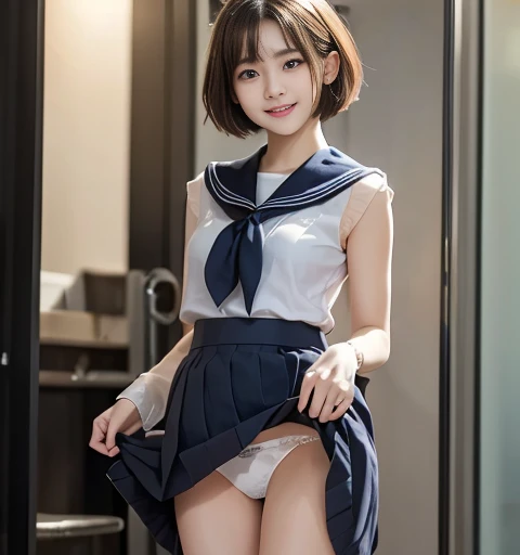  top quality、  masterpiece on penis 、 super high resolution、Clear photo、( RAW photo:1.2)、  full body photo 、( wearing a sailor suit and pleated skirt:1.3)、( very cute 、 beautiful girl、The cutest Yoda Yuki)、 small face 、smile、   brown hair on one woman、( ve...