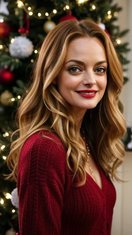 Heather Graham wearing winter clothes decorating the Christmas tree, smiling, lipstick, wavy hair