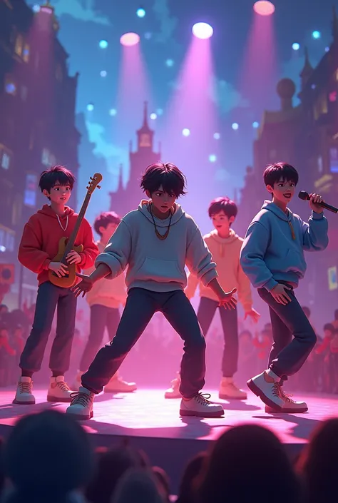  Cinematic scene of the band Stray S, As animated Disney 