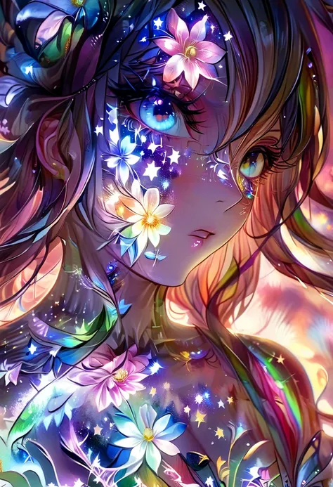 Close-up shot, an Anime  wearing a white glass , standing on the land,night view ,Many stars on the night sky,The Milky Way ,colorful flowers,headshot close-up, oil painting style, very obvious oil painting strokes, impressionist palette style, 32k uhd, be...