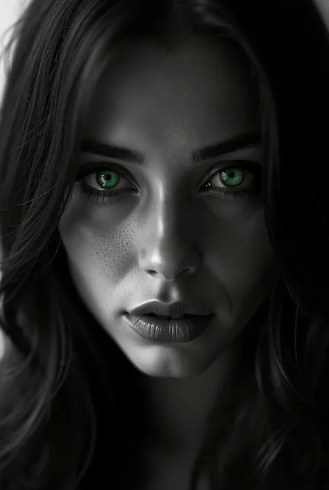 **A beautiful and most beautiful mysterious green-eyed woman depicted in classic black and white film noir style, with high contrast and moody lighting, focusing on the interplay between smoky and dark grey tones to create depth and drama --ar 3:2 --raw st...