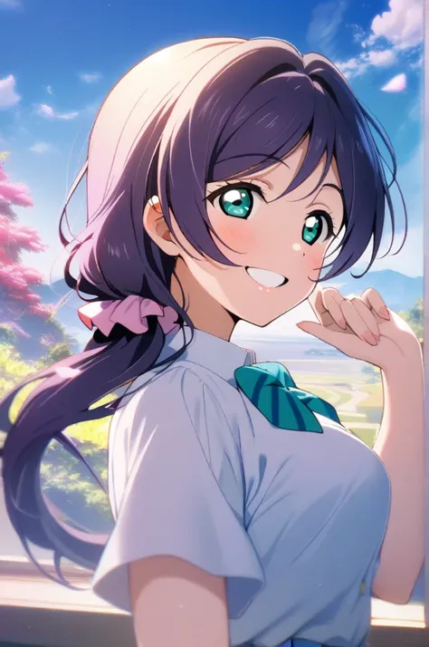 1girl, toujou nozomi, love live!, otonokizaka school uniform, smile, hand up, beautiful scape