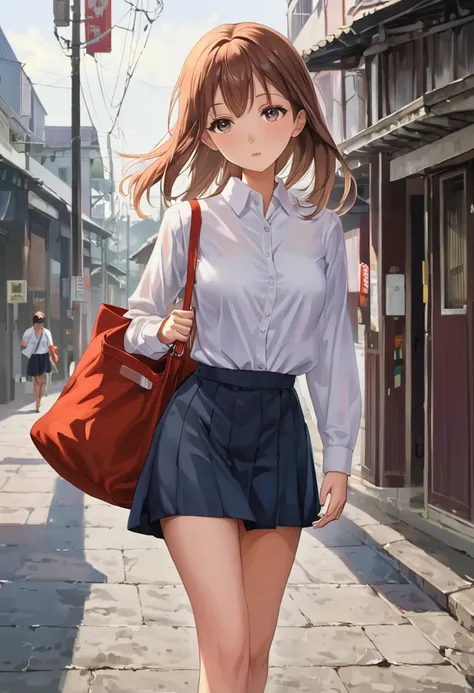 A teenage girl with medium breasts wearing a long shirt and short skirt walks while carrying a bag