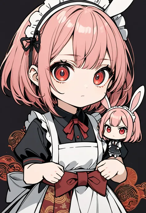 masterpiece, best quality, 8k, highres, ultra-detailed,HDR, UHD,BREAK,Ukiyo-e,Linocut,best quality,chibi style,2girls,maid outfit,black and pink hair,bunny ears,formal uniform,red eyes,simple background,black background,serious expressions,minimalistic des...