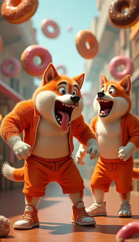 "Muscular dogs with vibrant red and white fur are barking in astonishment. The dogs are wearing orange sports shorts and matching shoes, standing in a lively scene that cakes.  Donuts floating in the air around it. The location is a bakery or donut shop fu...