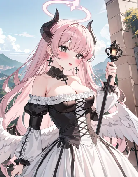 1girl, solo, masterpiece, best quality, (anime art style:1.0), halo above her head, white angel wings, demon horns, long white bloodstained dress, Georgian gown, off the shoulder dress, pale black eyes, gates to heaven background/landscape, white clouds, c...