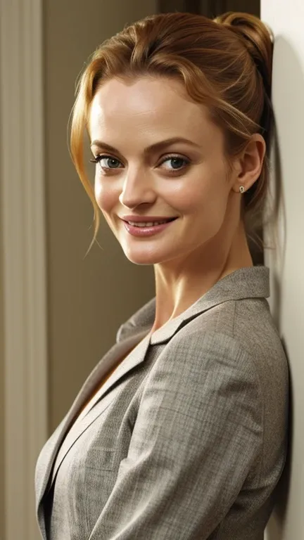 Heather Graham wearing smart casual clothes, smiling, with her hair up on a home background