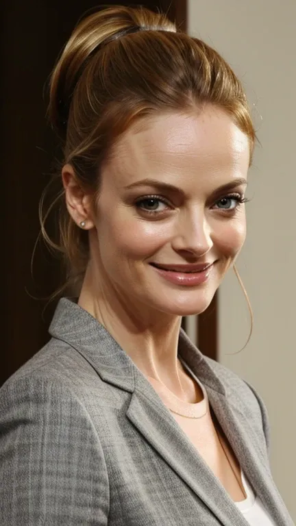 Heather Graham wearing smart casual clothes, smiling, with her hair up on a home background