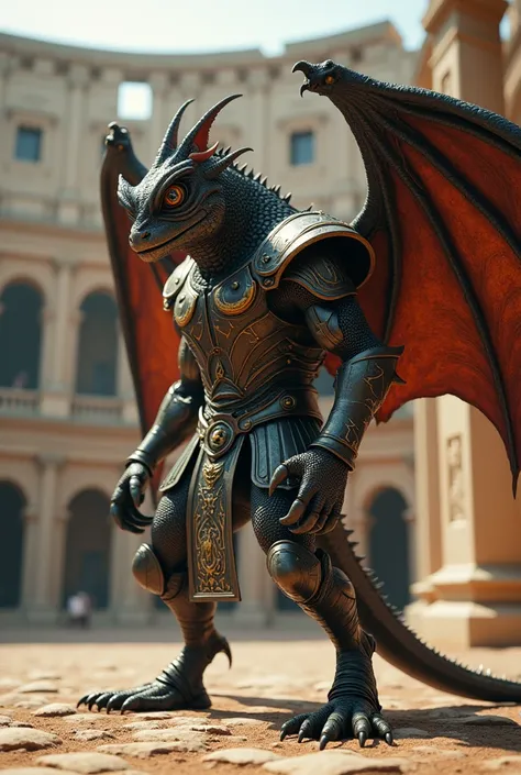 Mutate a lizard witha tall ,strong bat in gladiator armor in a colosseum setting