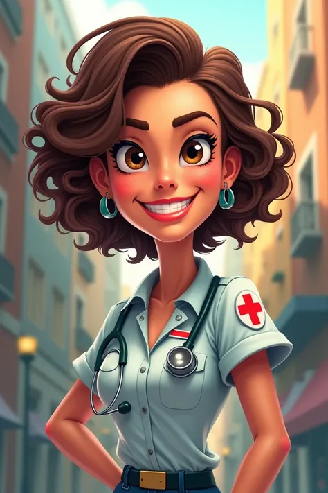 Create a cartoon of a woman , with curlers,  who is a paramedic who looks tender and fast.