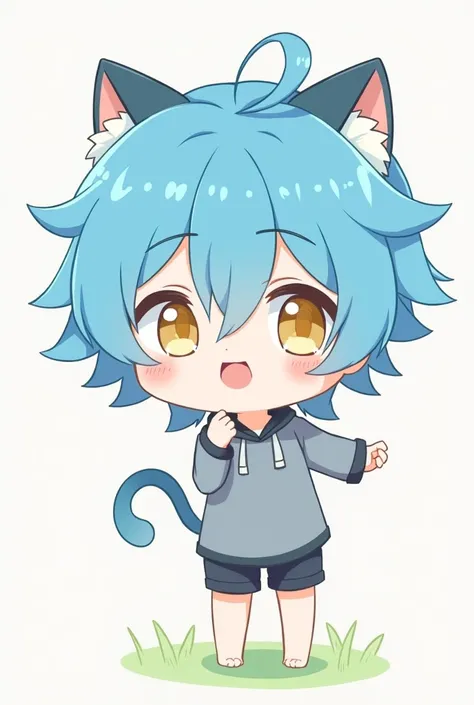 Create a male character with a chibi style with blue hair and a cats ear